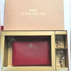 COACH Red Leather Corner Zip Wristlet & 2 Charms in Boxed Gift Set NWT